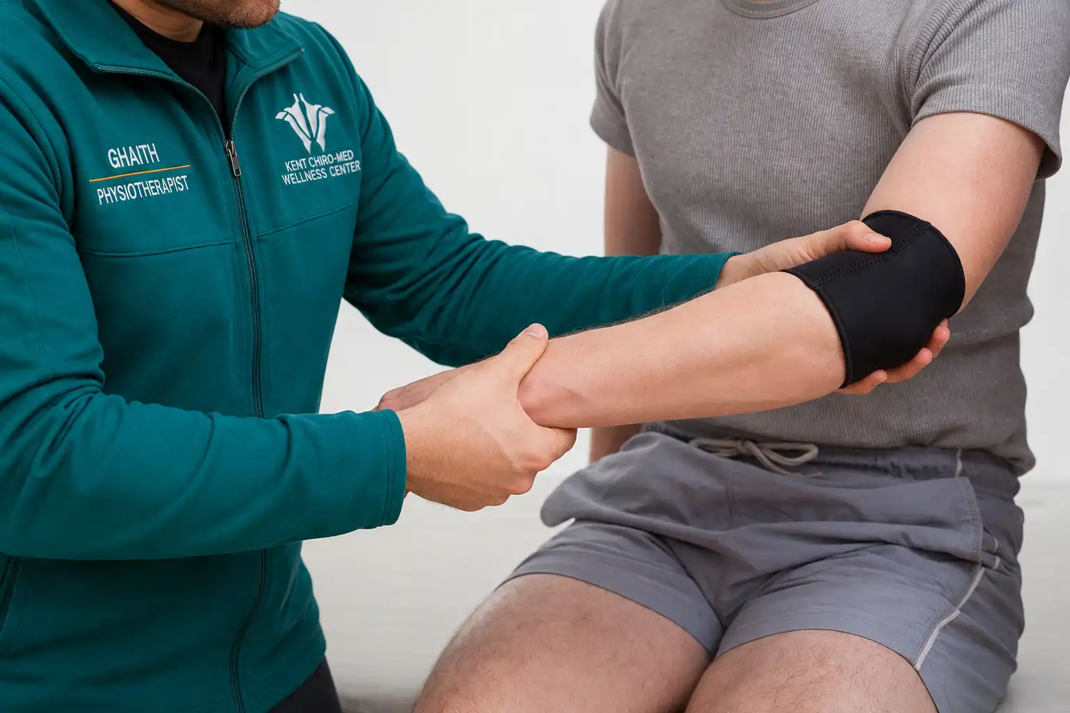Physiotherapist in a teal Kent Chiro Med jacket assessing a seated patients elbow supporting the forearm and stabilizing the arm while the patient wears a black elbow brace