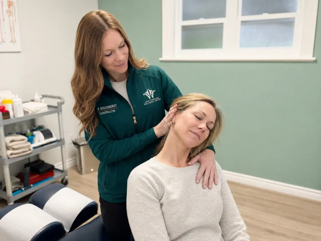 Car accident rehab with Dr. Courtney Broadhurst providing gentle neck and shoulder treatment at Kent Chiro Med Wellness Clinic in Ottawa