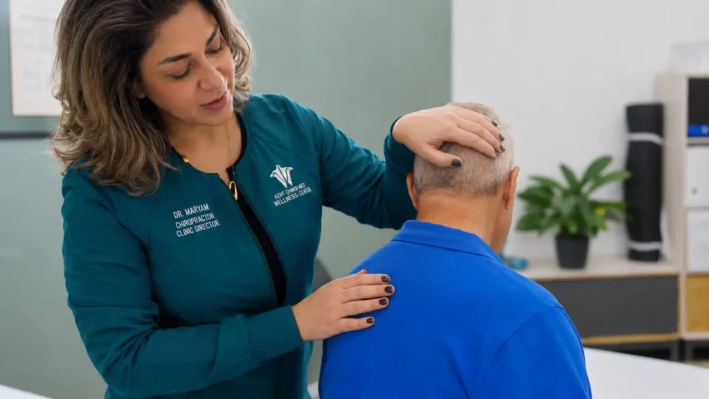 Chiropractor Dr. Maryam guiding a patients head to check neck movement at Kent Chiro Med Ottawa