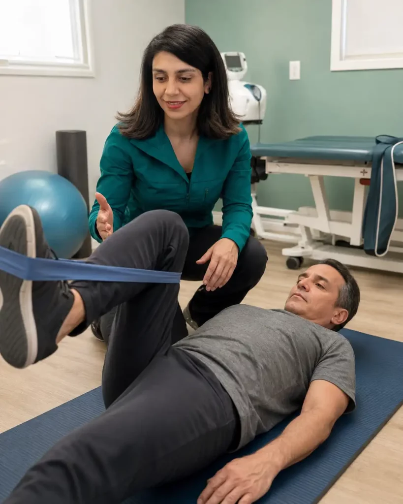 Physiotherapist guiding a resistance-band exercise on a treatment mat