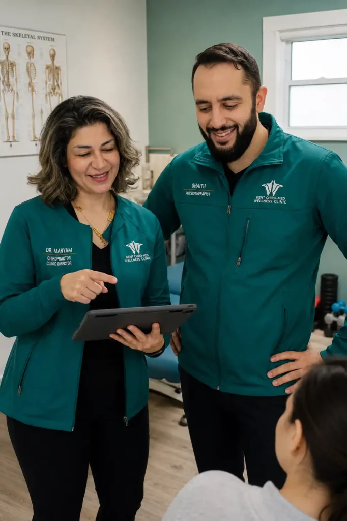 Two practitioners reviewing a care plan on a tablet beside a patient