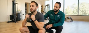 Blog 66 Ghaith physiotherapist guiding an active adult through a modified gym exercise during treatment