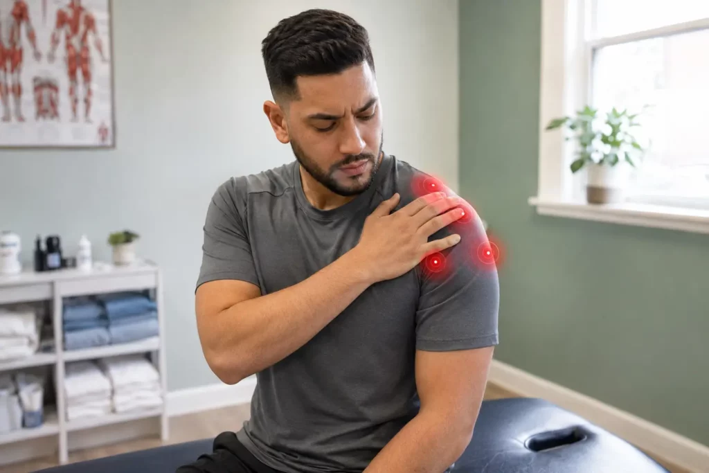 Man holding his shoulder to indicate localized pain during a shoulder assessment at Kent Chiro Med in Ottawa