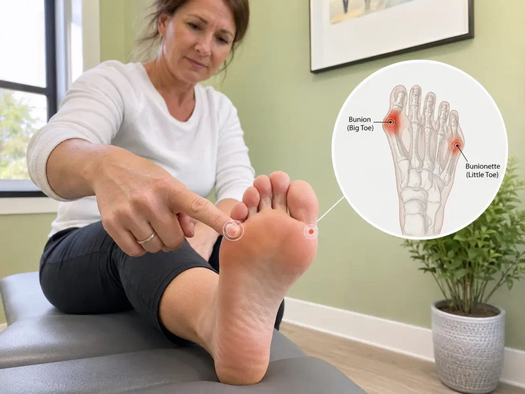 Patient pointing to bunion pain near the big toe and bunionette near the little toe with a foot anatomy infographic for bunion treatment in Ottawa