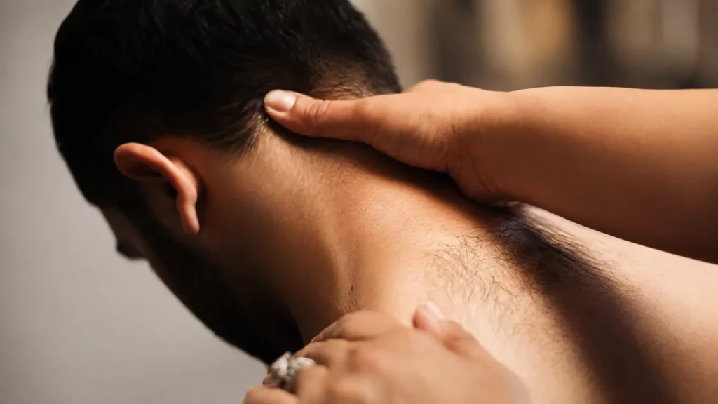 Practitioner applying focused pressure to the base of a patients neck during trigger point massage in Ottawa