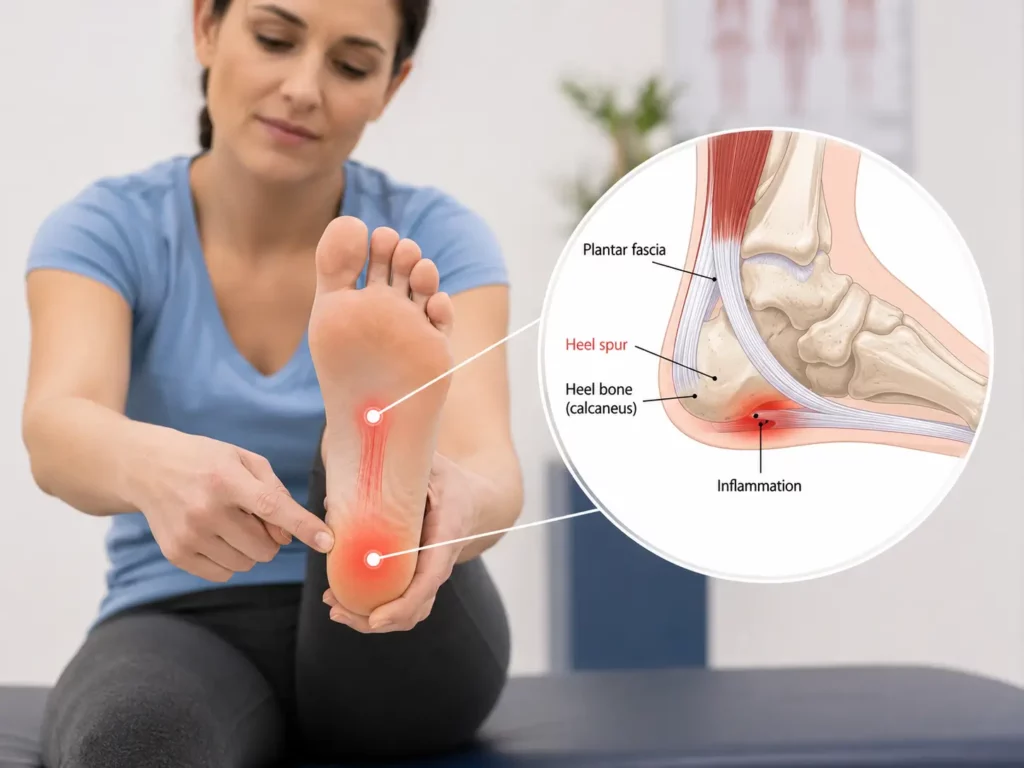 Woman Pointing to Painful Heel with Plantar Fascia Diagram