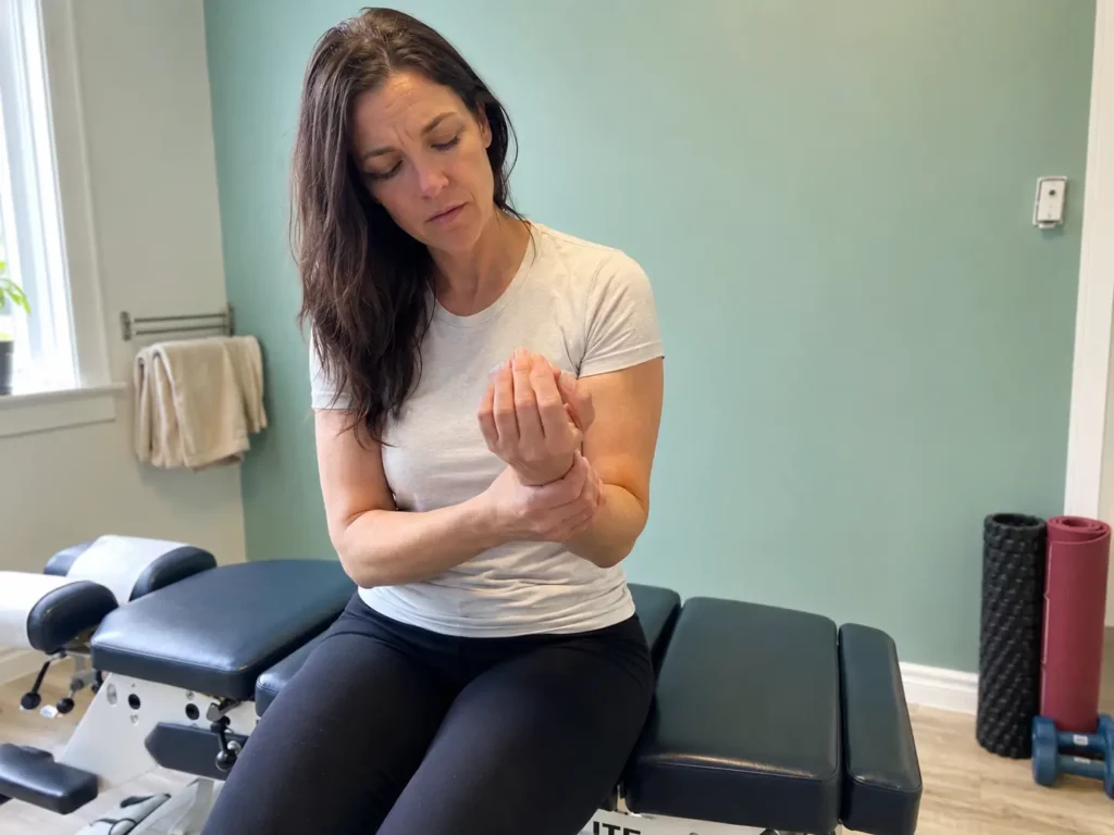 Woman holding her wrist to show carpal tunnel symptoms while seated in a treatment room at Kent Chiro Med in Ottawa